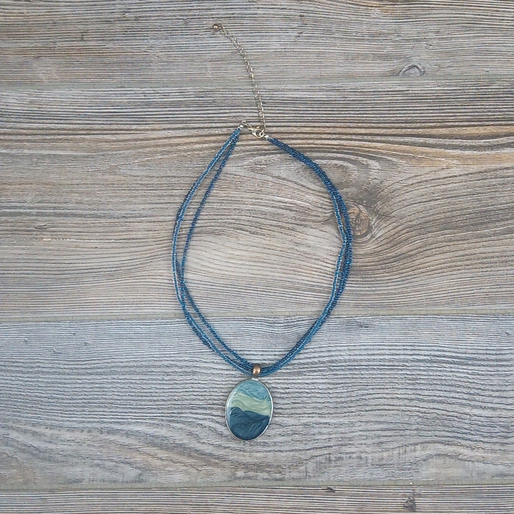 KC Blue Pendant Triple Strand Beaded Adjustable Necklace
